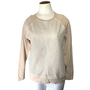 Judith & Charles Size L Cream Leather Mesh Cotton Front & Cashmere Sweater Top